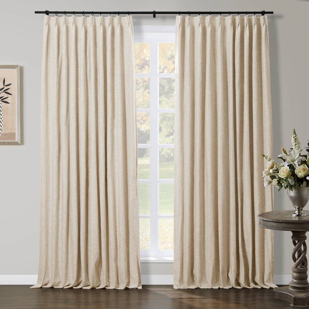 TWOPAGES Sand Beige Light Filtering Drapes Pinch Pleat Curtains for Living Room Sliding Glass, Heavyweight Curtains Breathable Linen Cotton Blend Drapes (52W x 90L Inches, Set of 2)