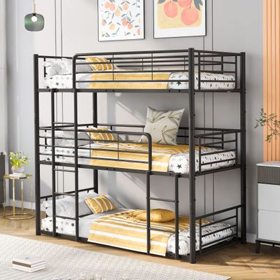 Anwick Metal Twin Size Triple Bunk Bed, Twin-Over-Twin-Over-Twin Triple Bed Frame Can be Split into 3 Bed with Built-in Ladder and Guardrails for Teens, Boys, Girls(Black)