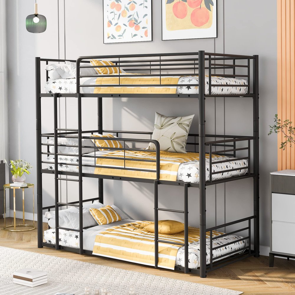 Anwick Metal Twin Size Triple Bunk Bed, Twin-Over-Twin-Over-Twin Triple Bed Frame Can be Split into 3 Bed with Built-in Ladder and Guardrails for Teens, Boys, Girls(Black)