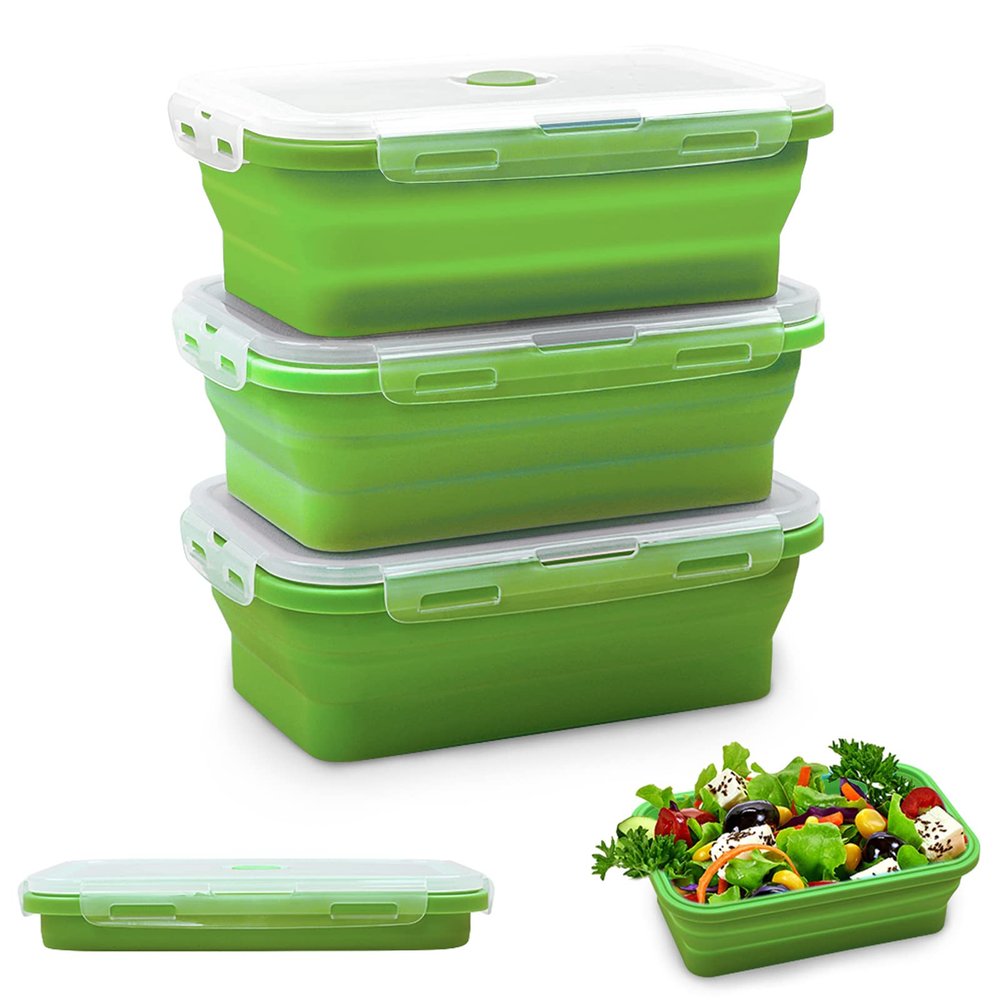 Alimat PluS 40.5oz Collapsible Food Storage Containers with Lids, 3 Pack Set 1200ml Silicone Food Storage Containers, Green Collapsible Food Storage for Kitchen and Outdoor Activities