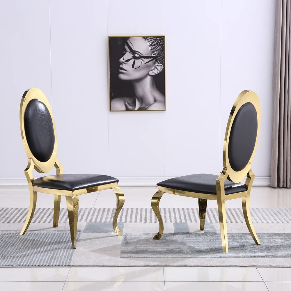 Asday Black and Gold Dining Chairs, Classic King Louis Black Faux Leather Upholstered Dining Room Chairs, Luxurious Oval Back and Polished Gold Legs, Mid Century Modern (Set of 2)