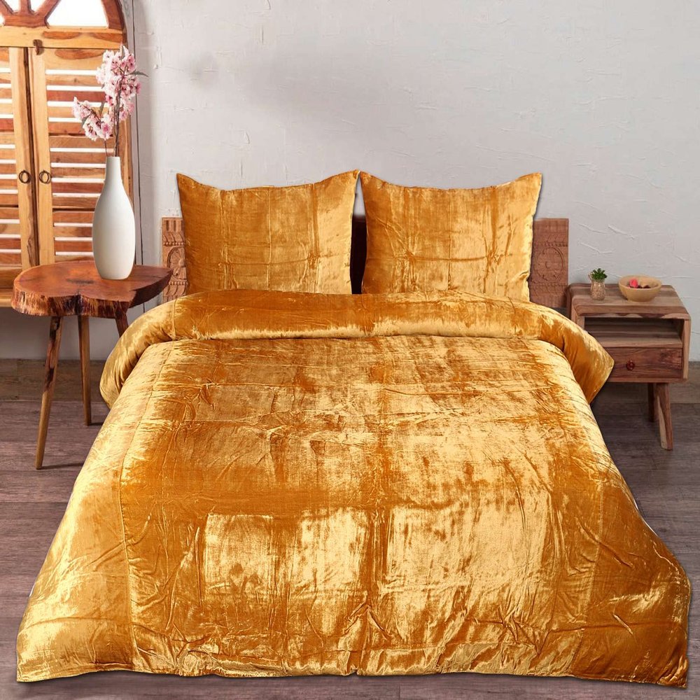 Treen Art Gold Velvet Duvet Cover Set Super King Plus Size 3 Pieces, 1 Duvet Cover 120 x 98 inches with Zipper Closure with 2 Pillow Cases, Bedding Set, Comforter Not Included