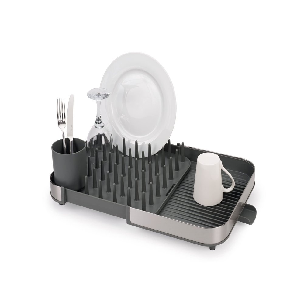 Joseph Joseph Duo Expanding Dish Drying Rack with Removable Silverware Holder, Draining Spout, Stainless steel