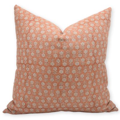 Fabritual Thick Linen Throw Pillow Cover, Outdoor Pillow with Handloom Print, Sustainable Handmade Cushion Cover for Sofa and Couch, Floral Print with Boho Design, Tulsi buti (Orange, 26" X 26")