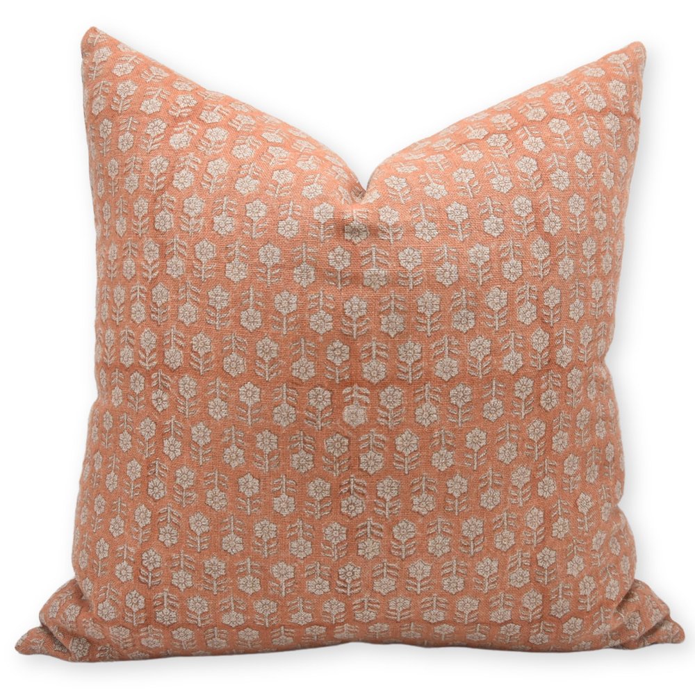 Fabritual Thick Linen Throw Pillow Cover, Outdoor Pillow with Handloom Print, Sustainable Handmade Cushion Cover for Sofa and Couch, Floral Print with Boho Design, Tulsi buti (Orange, 26" X 26")