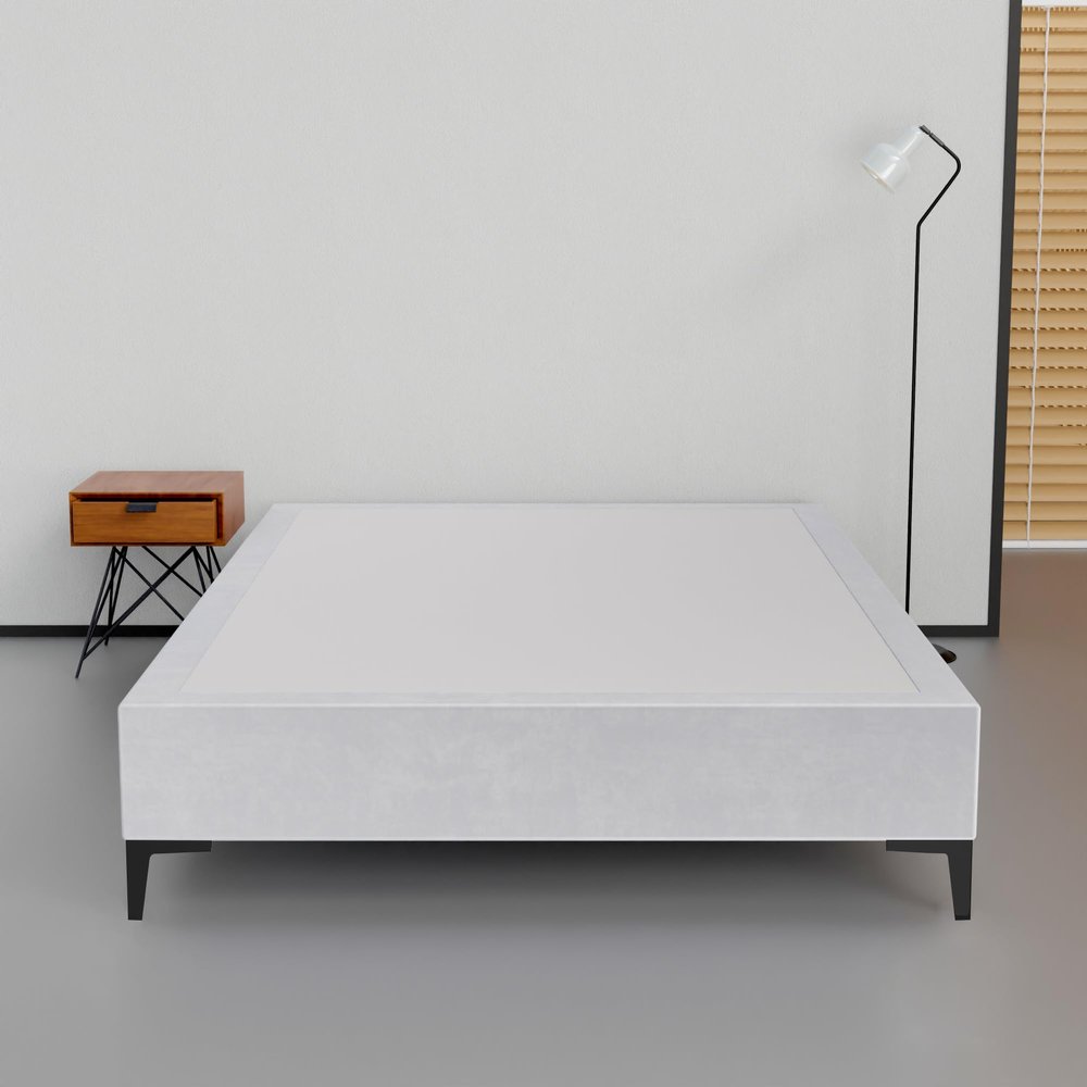 Greaton, 15-Inch Premium Velvet Material Wood Platform Bed, Durable, Stylish, Multi Colour Options, No Box Spring Needed, Black Metal Legs, Queen, White