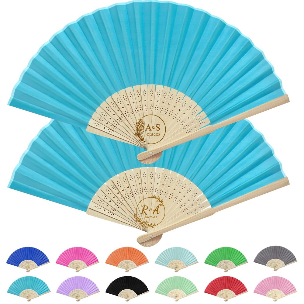 90pcs Personalized Party Fans Gifts for Women Foldable Customized Fabric Silk Bamboo Hand Fan Wedding Birthday Favors Guest Bulk Custom Bridal Shower Dancing Church Decorative Folding Fans (Blue)