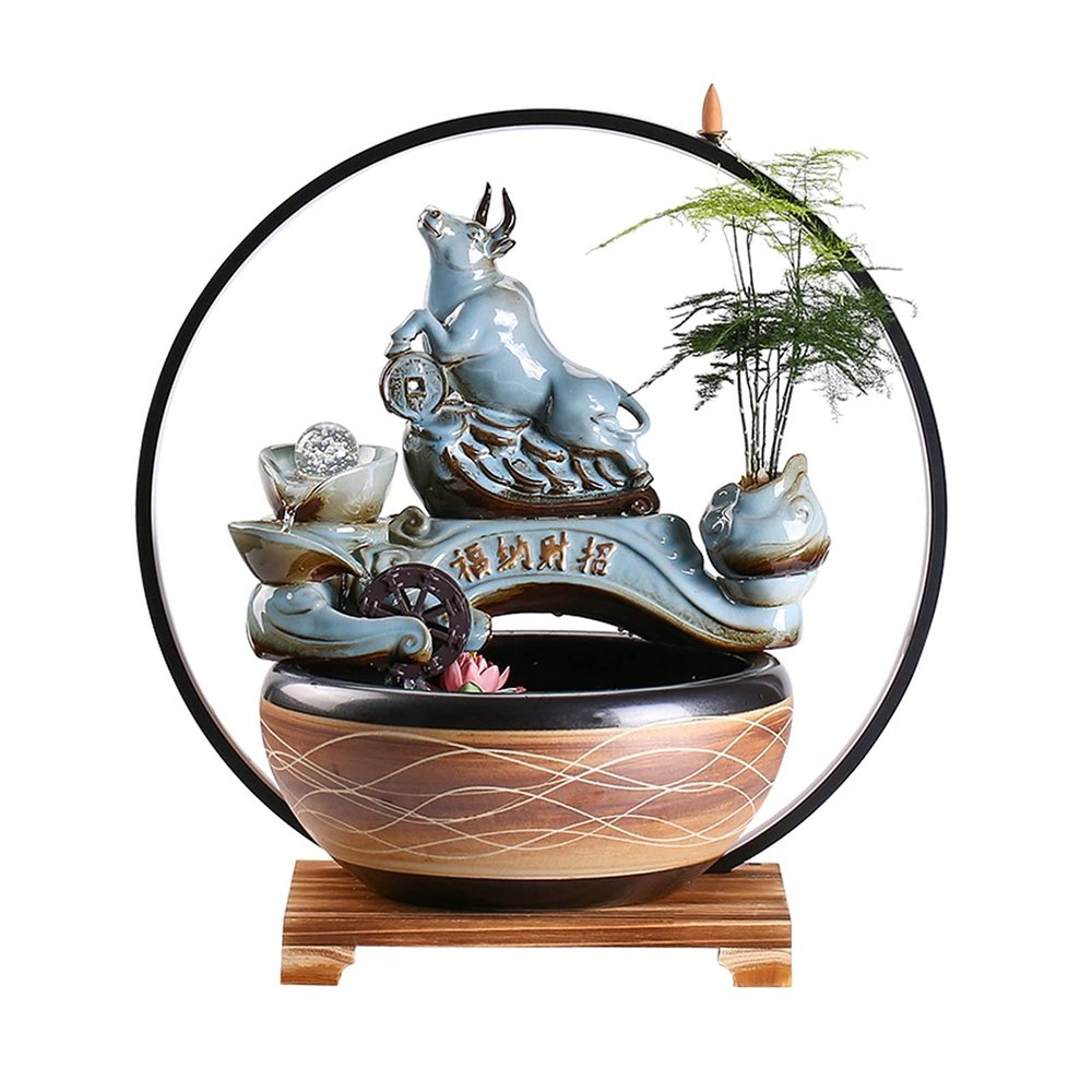 Tabletop Fountain Indoor Fountains Indoor Ceramic Tabletop Fountain - Creative Chinese Style Flowing Water Ornaments Circulating Water and Feng Shui Fountain with LED Lights Meditation Fountain Relaxa