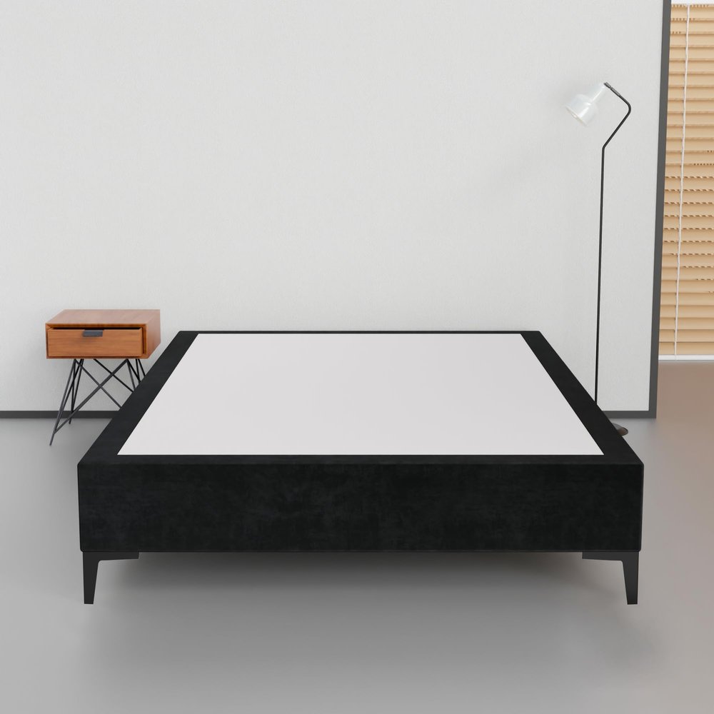 Greaton, 15-Inch Premium Velvet Material Wood Platform Bed, Durable, Stylish, Multi Colour Options, No Box Spring Needed, Black Metal Legs, Queen, Bllack