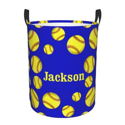 Yellow Softball on Blue Customized Laundry Basket Clothes Hamper with Name Collapsible Waterproof Large Capacity Organizer Storage for Living Room.