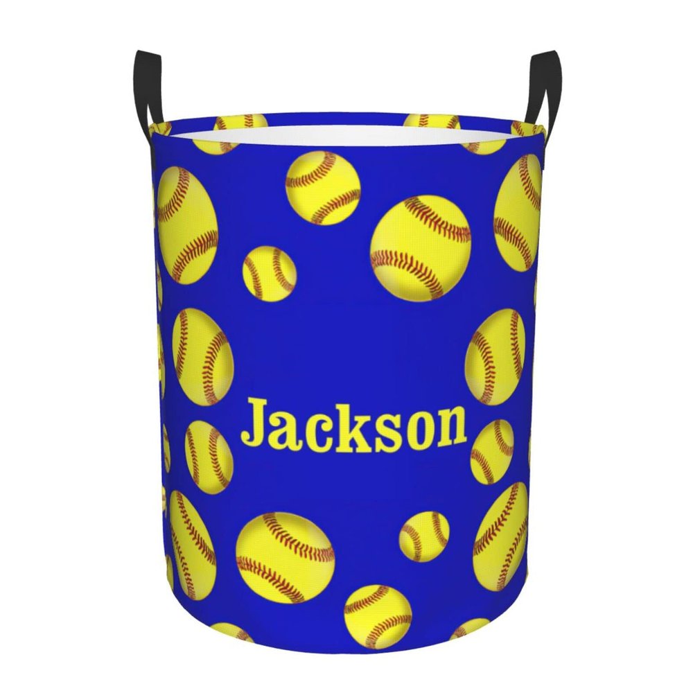 Yellow Softball on Blue Customized Laundry Basket Clothes Hamper with Name Collapsible Waterproof Large Capacity Organizer Storage for Living Room.