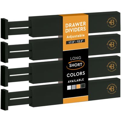 4-Pack Bamboo Drawer Dividers - 2.6" High, 12.5"-17" Adjustable Drawer Organizers for Clothes, Expandable Dresser Separators in Bedroom/Bathroom/Kitchen/Office Organization and Storage (Black)