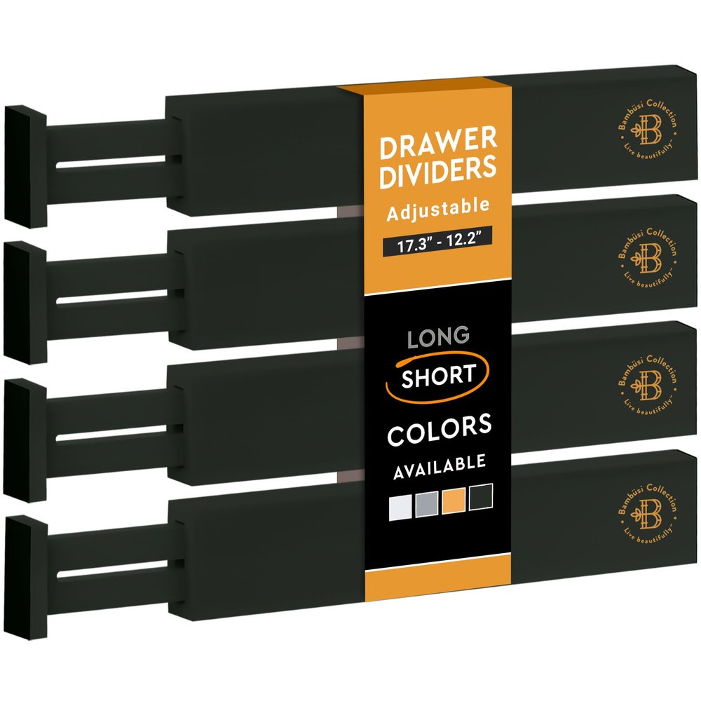 4-Pack Bamboo Drawer Dividers - 2.6" High, 12.5"-17" Adjustable Drawer Organizers for Clothes, Expandable Dresser Separators in Bedroom/Bathroom/Kitchen/Office Organization and Storage (Black)