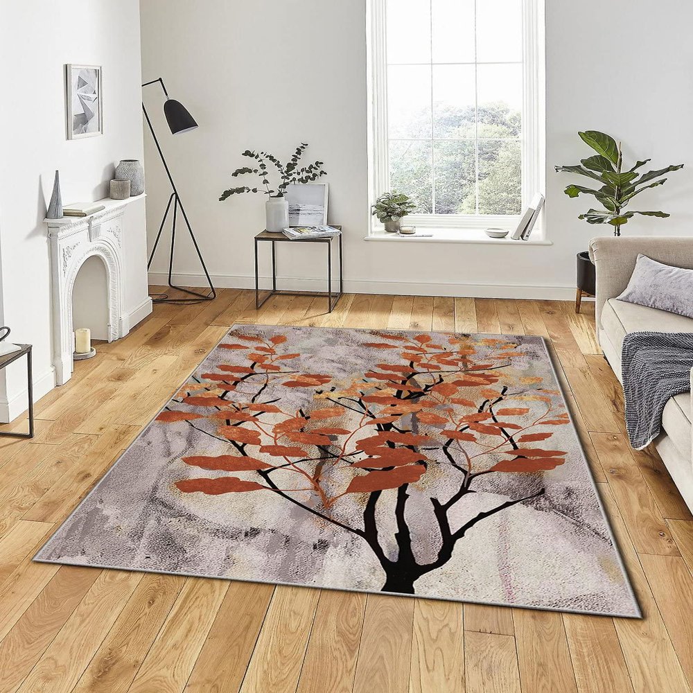 LaModaHome Area Rug Non-Slip - Grey Tree and Leafs Soft Machine Washable Bedroom Rugs Indoor Outdoor Bathroom Mat Kids Child Stain Resistant Living Room Kitchen Carpet 3.3 x 5 ft