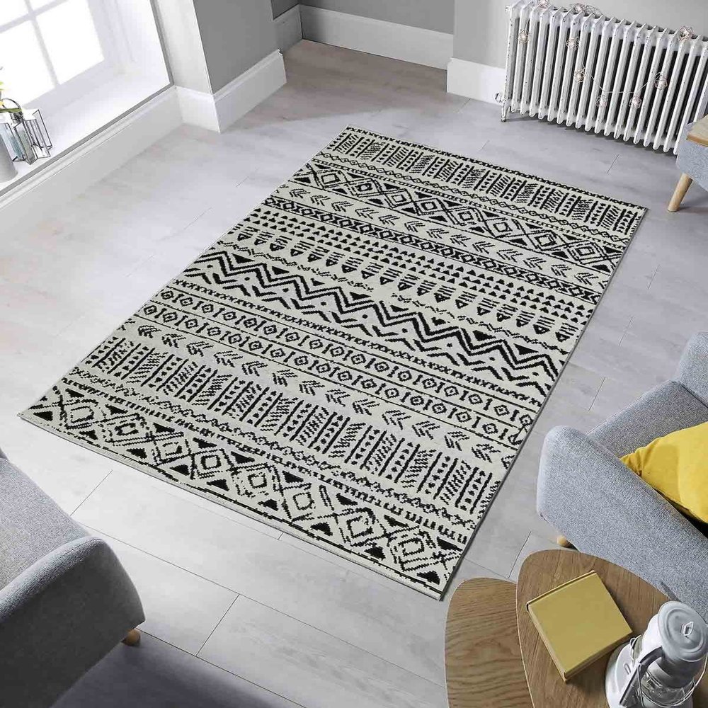 LaModaHome Area Rug Non-Slip - White Geometric Soft Machine Washable Bedroom Rugs Indoor Outdoor Bathroom Mat Kids Child Stain Resistant Living Room Kitchen Carpet 2.7 x 5 ft
