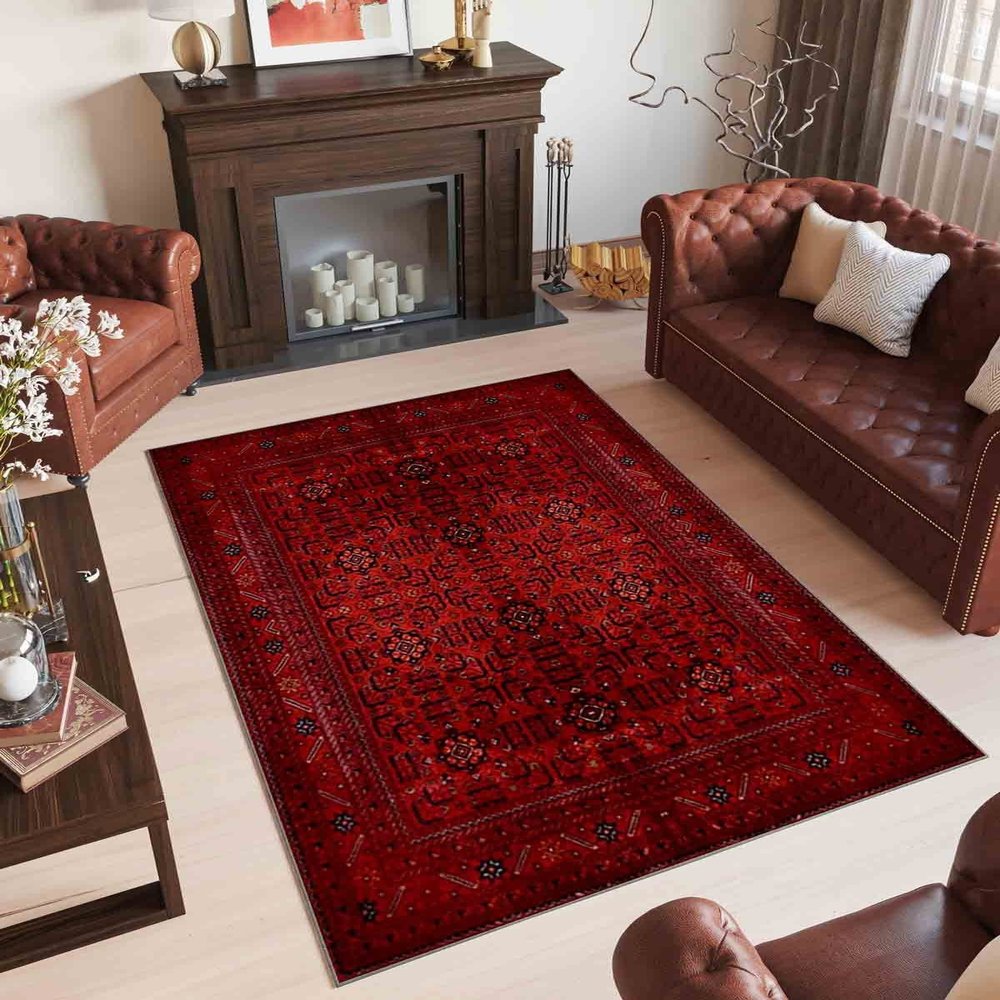 LaModaHome Area Rug Non-Slip - Red Afghan Soft Machine Washable Bedroom Rugs Indoor Outdoor Bathroom Mat Kids Child Stain Resistant Living Room Kitchen Carpet 1.3 x 2 ft