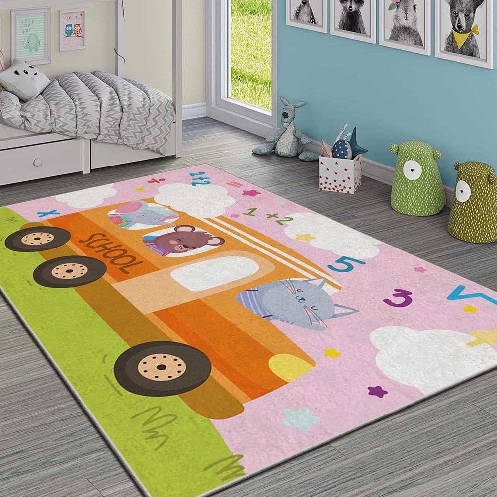 LaModaHome Area Rug Non-Slip - Pink School Service Animal Soft Machine Washable Bedroom Rugs Indoor Outdoor Bathroom Mat Kids Child Stain Resistant Living Room Kitchen Carpet 3.3 x 9.9 ft