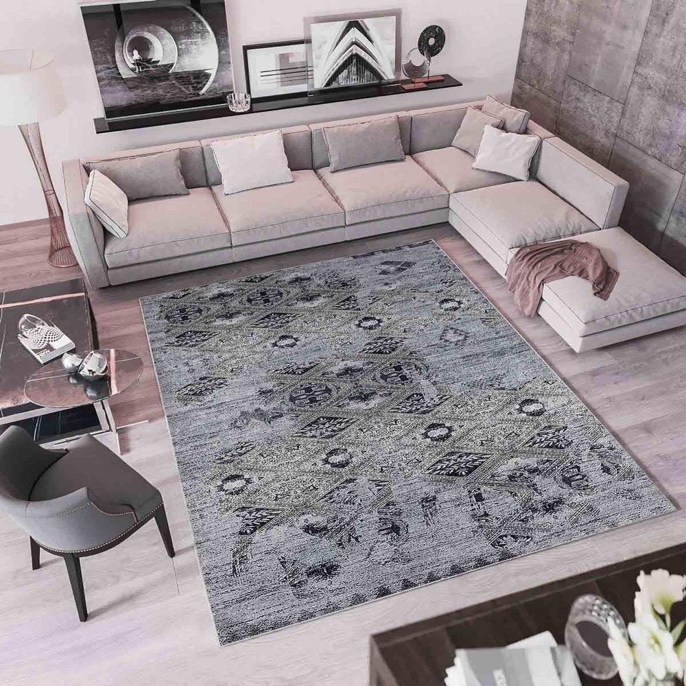 LaModaHome Area Rug Non-Slip - Grey Geometric Soft Machine Washable Bedroom Rugs Indoor Outdoor Bathroom Mat Kids Child Stain Resistant Living Room Kitchen Carpet 4.7 x 7.3 ft (150)