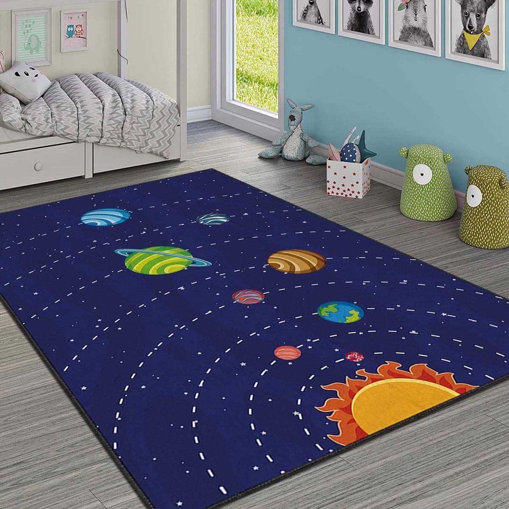LaModaHome Area Rug Non-Slip - Blue Planet Soft Machine Washable Bedroom Rugs Indoor Outdoor Bathroom Mat Kids Child Stain Resistant Living Room Kitchen Carpet 2 x 3.3 ft