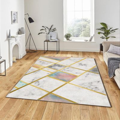 LaModaHome Area Rug Non-Slip - White Geometric and Marble Soft Machine Washable Bedroom Rugs Indoor Outdoor Bathroom Mat Kids Child Stain Resistant Living Room Kitchen Carpet 2.7 x 5 ft