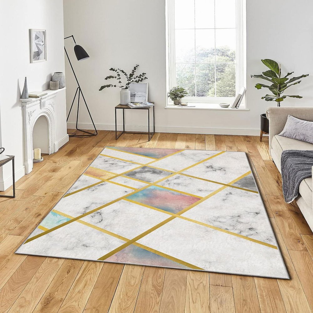 LaModaHome Area Rug Non-Slip - White Geometric and Marble Soft Machine Washable Bedroom Rugs Indoor Outdoor Bathroom Mat Kids Child Stain Resistant Living Room Kitchen Carpet 2.7 x 5 ft