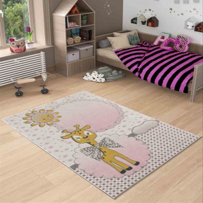 LaModaHome Area Rug Non-Slip - Pink Smiling Sun and Giraffe Soft Machine Washable Bedroom Rugs Indoor Outdoor Bathroom Mat Kids Child Stain Resistant Living Room Kitchen Carpet 3.3 x 9.9 ft
