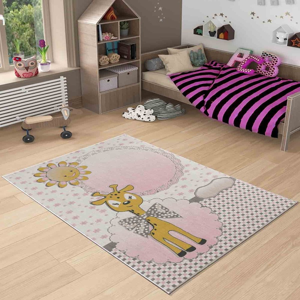 LaModaHome Area Rug Non-Slip - Pink Smiling Sun and Giraffe Soft Machine Washable Bedroom Rugs Indoor Outdoor Bathroom Mat Kids Child Stain Resistant Living Room Kitchen Carpet 3.3 x 9.9 ft