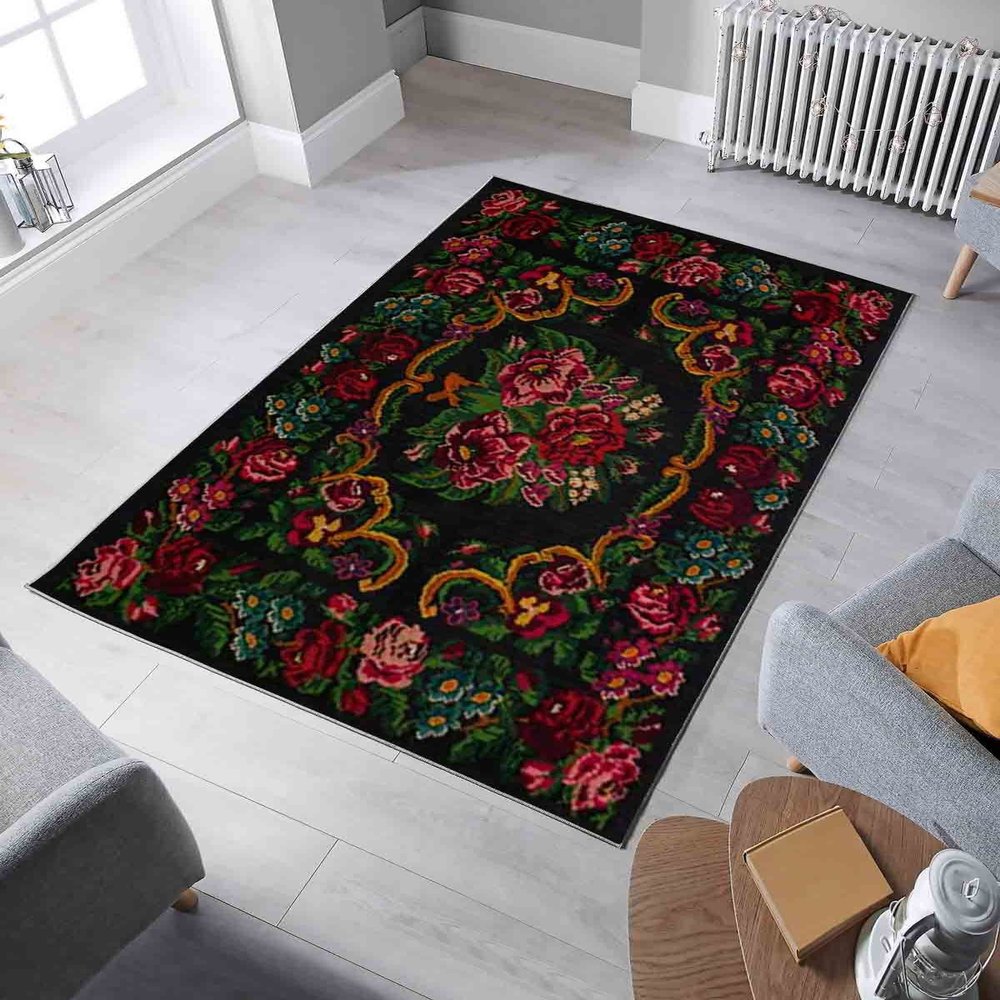 LaModaHome Area Rug Non-Slip - Black Rose Soft Machine Washable Bedroom Rugs Indoor Outdoor Bathroom Mat Kids Child Stain Resistant Living Room Kitchen Carpet 2.7 x 9.9 ft