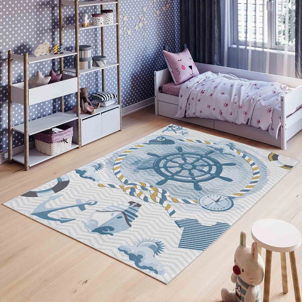 LaModaHome Area Rug Non-Slip - Blue Ship World Soft Machine Washable Bedroom Rugs Indoor Outdoor Bathroom Mat Kids Child Stain Resistant Living Room Kitchen Carpet 2.7 x 6.6 ft