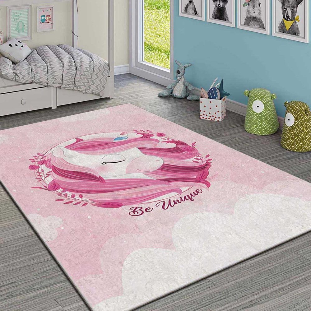 LaModaHome Area Rug Non-Slip - Pink Unicorn Soft Machine Washable Bedroom Rugs Indoor Outdoor Bathroom Mat Kids Child Stain Resistant Living Room Kitchen Carpet 2 x 3.3 ft