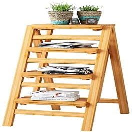 Katzowen Home Folding Step Ladder Stool Folding Step Stool,Bamboo Step Ladder Stool Folding Stepladder, 4 Steps, Folding Design Ladder with Anti-Slip Feet (Color : Wood Color)