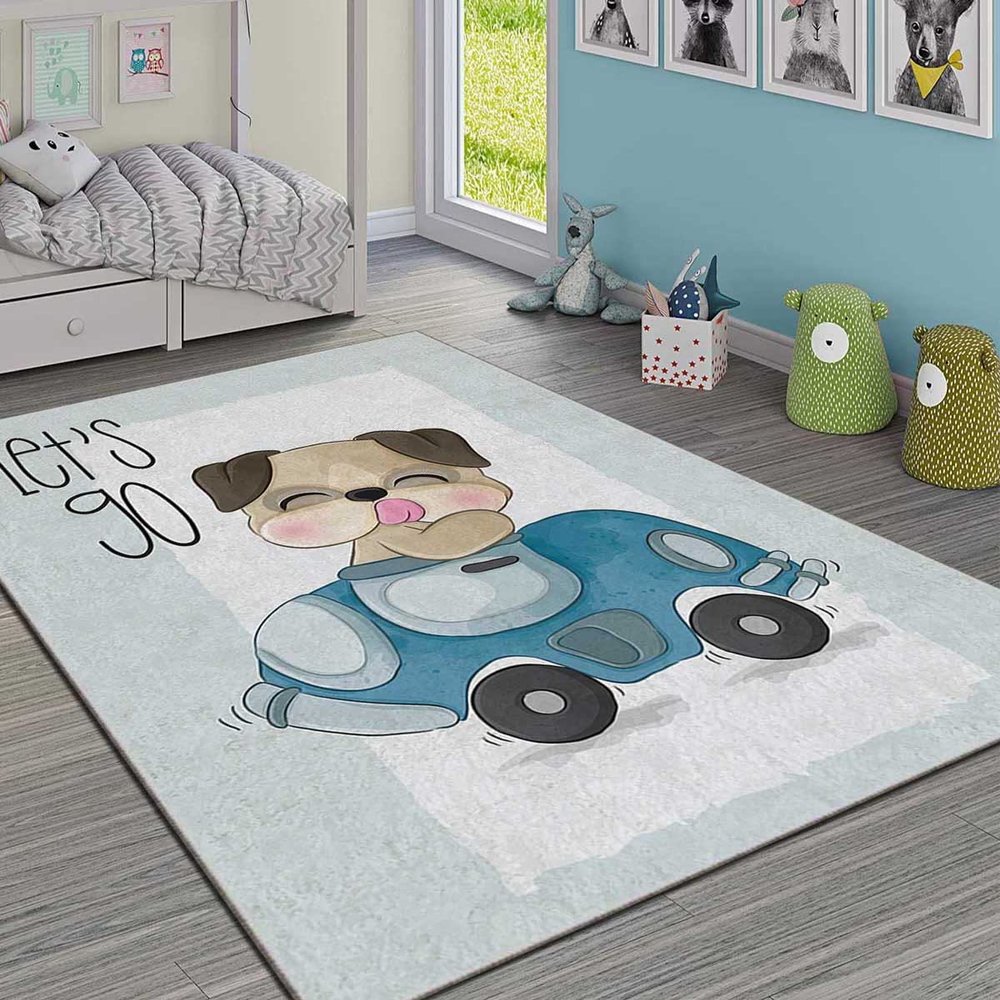 LaModaHome Area Rug Non-Slip - Light Blue Dog and Car Soft Machine Washable Bedroom Rugs Indoor Outdoor Bathroom Mat Kids Child Stain Resistant Living Room Kitchen Carpet 2.7 x 6.6 ft