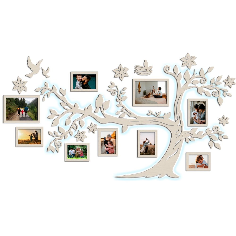 JustLikeWood Large Home Decor Wood Family Tree Wall Decal with Frame Pictures Standard Decoraciones para Salas de Casa Wall Art, Wall Stickers for Living Room (XL 78x44 Natural Wood with LED)