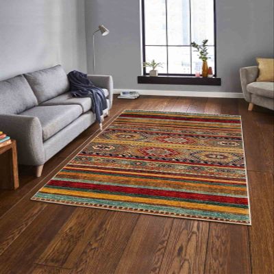 LaModaHome Area Rug Non-Slip - Colourful Striped and Ethnic Soft Machine Washable Bedroom Rugs Indoor Outdoor Bathroom Mat Kids Child Stain Resistant Living Room Kitchen Carpet 2.7 x 6.6 ft