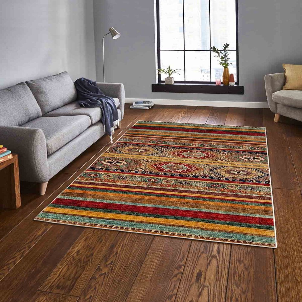 LaModaHome Area Rug Non-Slip - Colourful Striped and Ethnic Soft Machine Washable Bedroom Rugs Indoor Outdoor Bathroom Mat Kids Child Stain Resistant Living Room Kitchen Carpet 2.7 x 6.6 ft