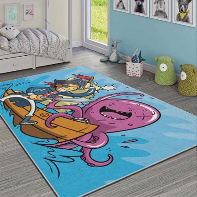 LaModaHome Area Rug Non-Slip - Blue Pirate and Octopus Soft Machine Washable Bedroom Rugs Indoor Outdoor Bathroom Mat Kids Child Stain Resistant Living Room Kitchen Carpet 2.7 x 4 ft