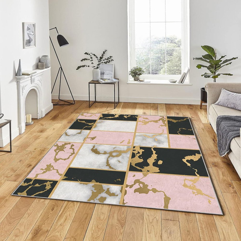 LaModaHome Area Rug Non-Slip - Yellow Geometric and Marble Soft Machine Washable Bedroom Rugs Indoor Outdoor Bathroom Mat Kids Child Stain Resistant Living Room Kitchen Carpet 3.3 x 6.6 ft