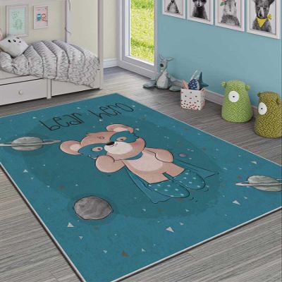 LaModaHome Area Rug Non-Slip - Blue Teddy Bear and Planet Soft Machine Washable Bedroom Rugs Indoor Outdoor Bathroom Mat Kids Child Stain Resistant Living Room Kitchen Carpet 5.9 x 9.3 ft