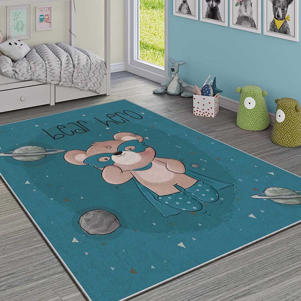 LaModaHome Area Rug Non-Slip - Blue Teddy Bear and Planet Soft Machine Washable Bedroom Rugs Indoor Outdoor Bathroom Mat Kids Child Stain Resistant Living Room Kitchen Carpet 5.9 x 9.3 ft