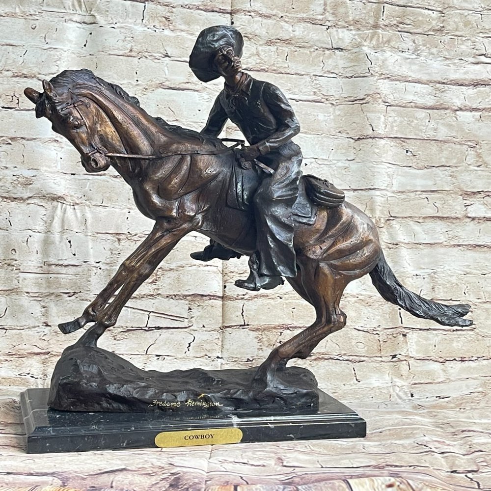After Remington Cowboy W/Hat Taming Horse Bronze Sculpture Marble Art Deco LRG Artwork Statue Dcor by Bronze Classy
