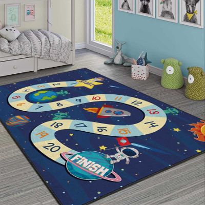 LaModaHome Area Rug Non-Slip - Blue Numbers and Planets Soft Machine Washable Bedroom Rugs Indoor Outdoor Bathroom Mat Kids Child Stain Resistant Living Room Kitchen Carpet 3.3 x 5 ft