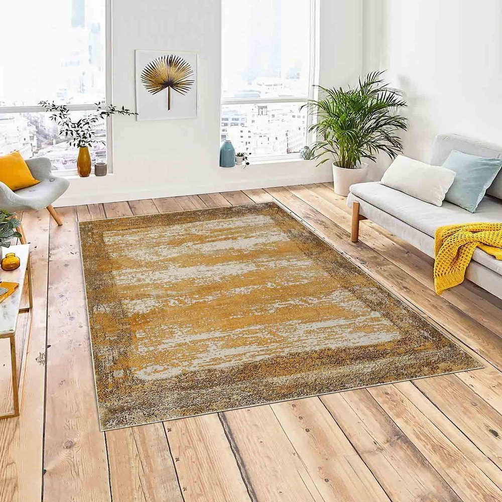 LaModaHome Area Rug Non-Slip - Yellow Vintage Soft Machine Washable Bedroom Rugs Indoor Outdoor Bathroom Mat Kids Child Stain Resistant Living Room Kitchen Carpet 2.7 x 4 ft