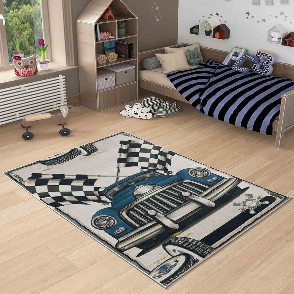 LaModaHome Area Rug Non-Slip - White Car Soft Machine Washable Bedroom Rugs Indoor Outdoor Bathroom Mat Kids Child Stain Resistant Living Room Kitchen Carpet 2.7 x 6.6 ft