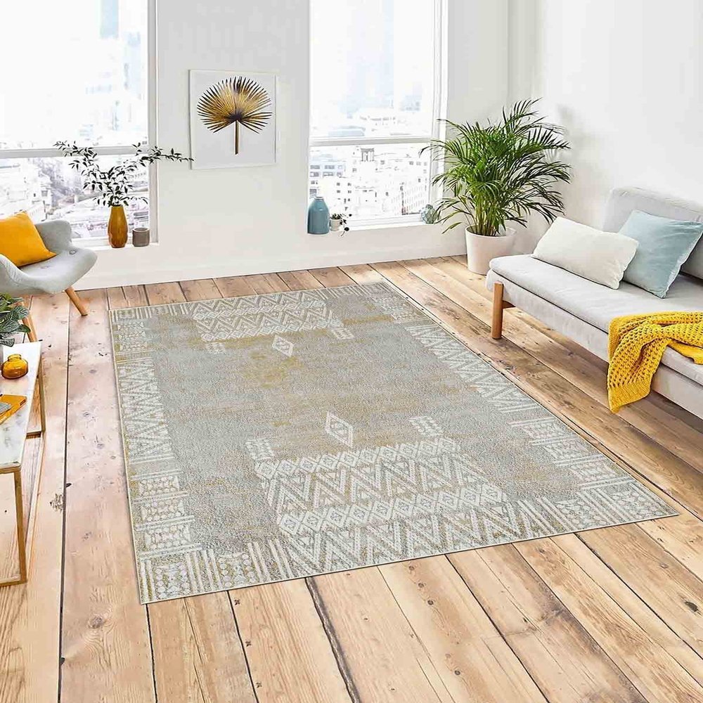 LaModaHome Area Rug Non-Slip - Grey Vintage Geometric Soft Machine Washable Bedroom Rugs Indoor Outdoor Bathroom Mat Kids Child Stain Resistant Living Room Kitchen Carpet 3.3 x 9.9 ft