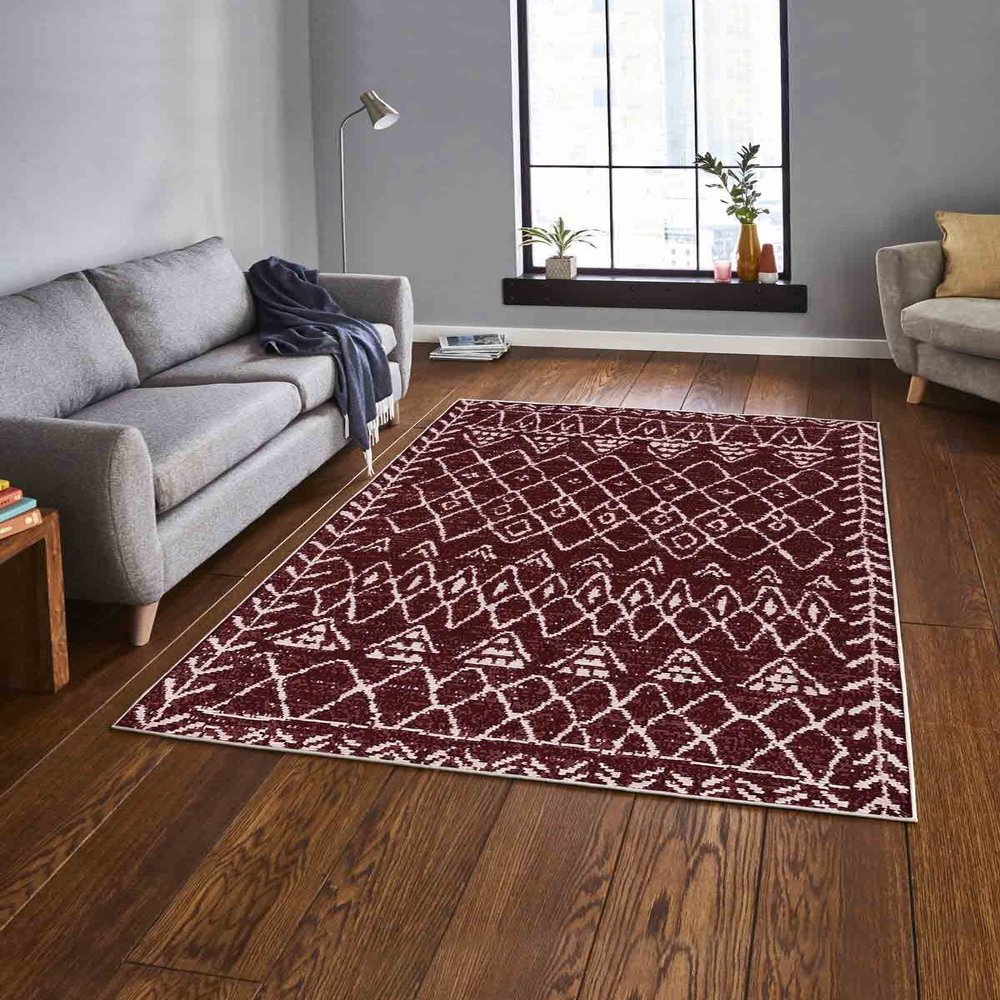 LaModaHome Area Rug Non-Slip - Burgundy Geometric Soft Machine Washable Bedroom Rugs Indoor Outdoor Bathroom Mat Kids Child Stain Resistant Living Room Kitchen Carpet 3.3 x 6.6 ft
