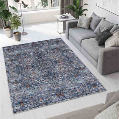LaModaHome Area Rug Non-Slip - Blue Ethnic and Geometric Soft Machine Washable Bedroom Rugs Indoor Outdoor Bathroom Mat Kids Child Stain Resistant Living Room Kitchen Carpet 2.7 x 5 ft