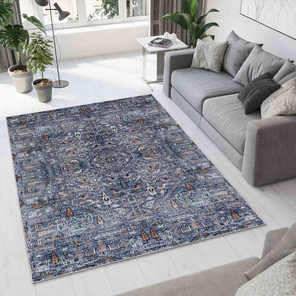 LaModaHome Area Rug Non-Slip - Blue Ethnic and Geometric Soft Machine Washable Bedroom Rugs Indoor Outdoor Bathroom Mat Kids Child Stain Resistant Living Room Kitchen Carpet 2.7 x 5 ft