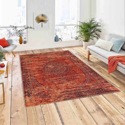 LaModaHome Area Rug Non-Slip - Orange Aged Classic Soft Machine Washable Bedroom Rugs Indoor Outdoor Bathroom Mat Kids Child Stain Resistant Living Room Kitchen Carpet 3.3 x 9.9 ft