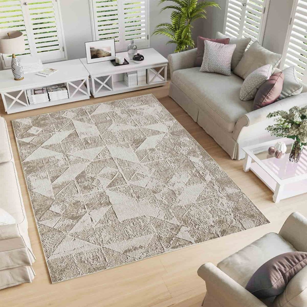 LaModaHome Area Rug Non-Slip - Beige Geometric Soft Machine Washable Bedroom Rugs Indoor Outdoor Bathroom Mat Kids Child Stain Resistant Living Room Kitchen Carpet 3.3 x 9.9 ft (199)