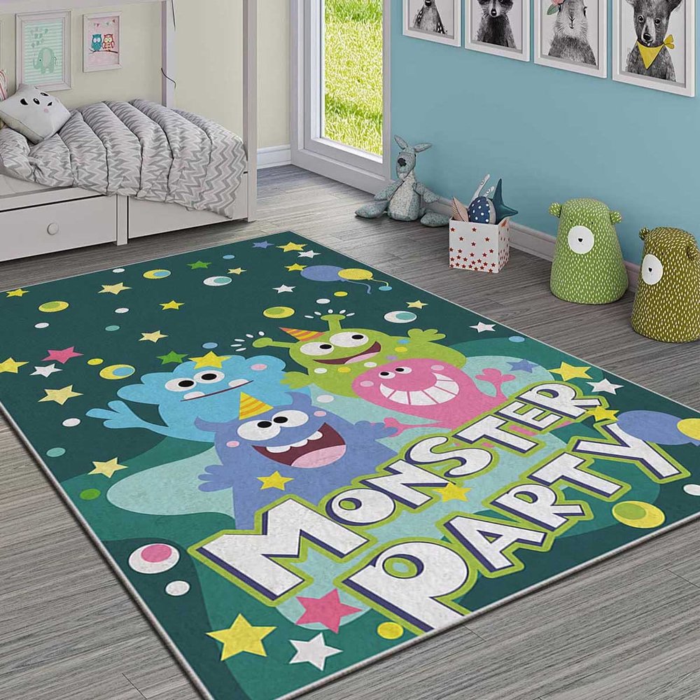 LaModaHome Area Rug Non-Slip - Green Monster Party Soft Machine Washable Bedroom Rugs Indoor Outdoor Bathroom Mat Kids Child Stain Resistant Living Room Kitchen Carpet 3.3 x 5 ft